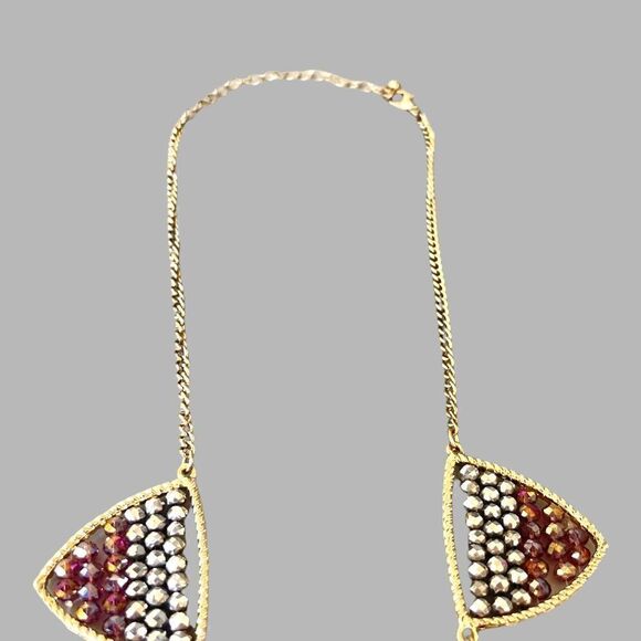 Nwot Rhinestone/Beaded Geometric Triangle Goldtone Statement Necklace - Picture 6 of 6